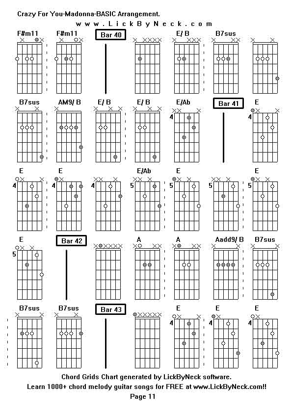 Chord Grids Chart of chord melody fingerstyle guitar song-Crazy For You-Madonna-BASIC Arrangement,generated by LickByNeck software.